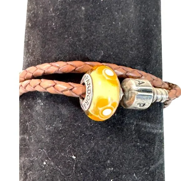 Pandora Brown Braided Double Leather Bracelet With Yellow Glass Charm Sterling - Picture 1 of 8